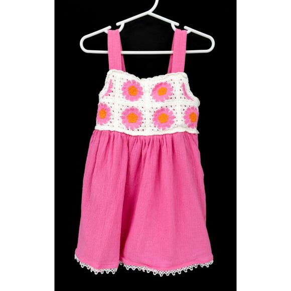Haute Hippie Pink Flower Crochet Knit Boho Summer Tank Dress 2T - Picture 1 of 7